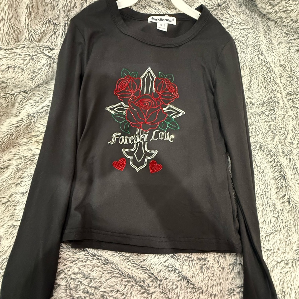 Charlotte Russe Black Long Sleeve with Red and Green Design